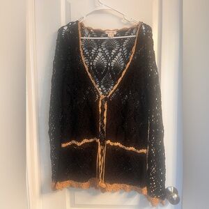 Black and Tan Y2K Crocheted long‎ sleeve cardigan w/ drawstring Monroe & Main 2X